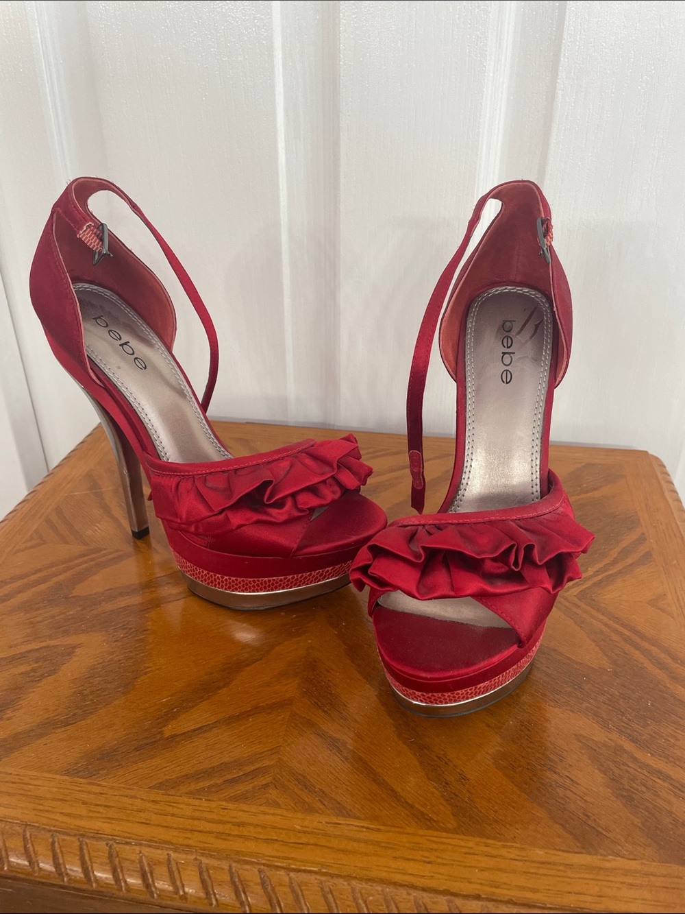 bebe Red Satin Ruffle Platform Stiletto Sandals